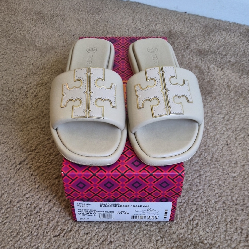 Tory Burch Double T Sport Gold and Cream Slide Sandals